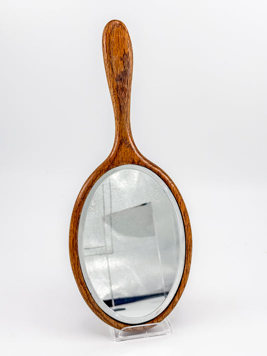 Vintage Oak Hand Mirror with Victorian Girl Portrait on Reverse, Double-Sided Vanity Mirror
