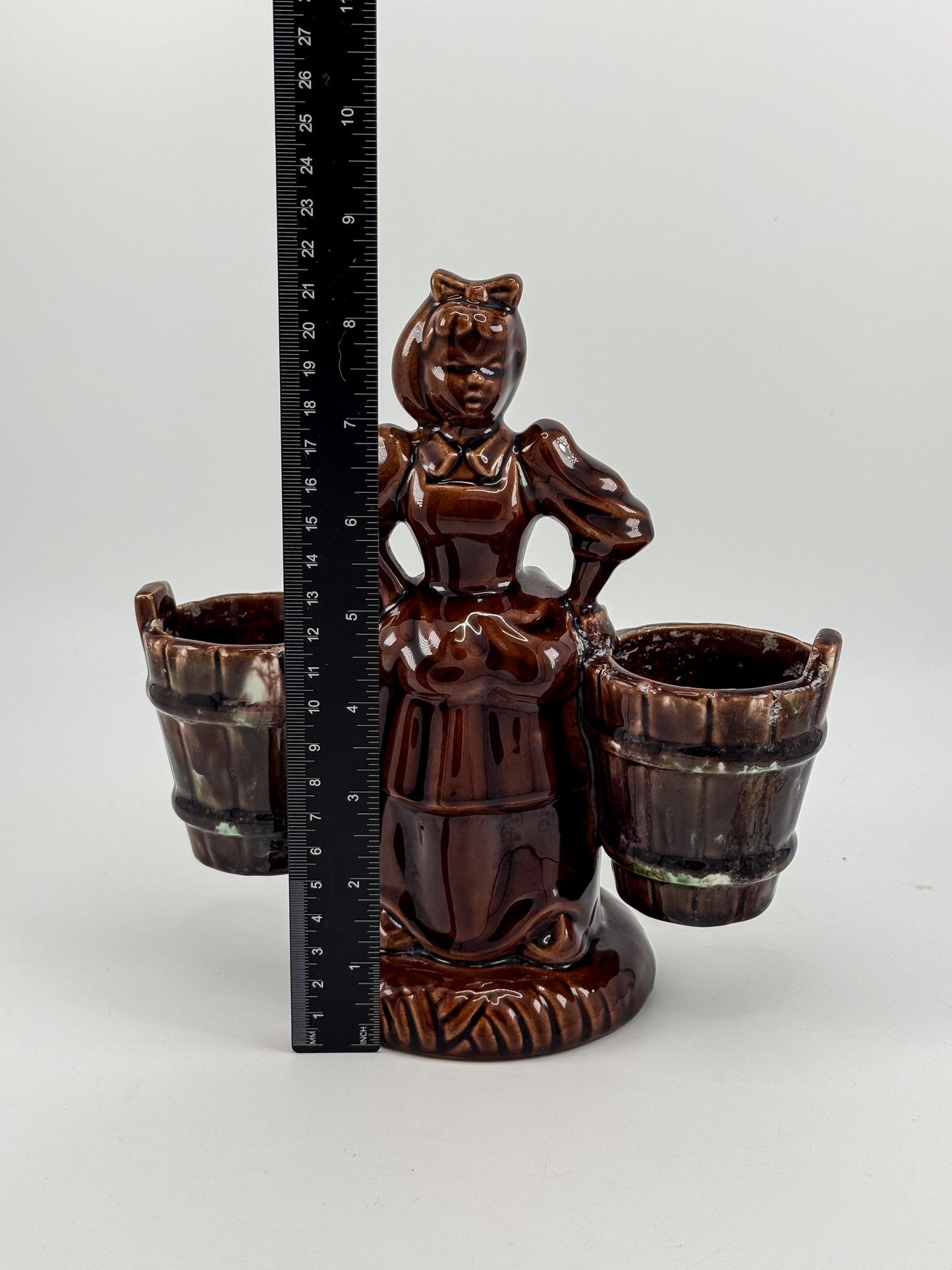 Vintage Haeger Pottery Milkmaid Figural Double Planter in Dark Brown Glaze, 8" Tall