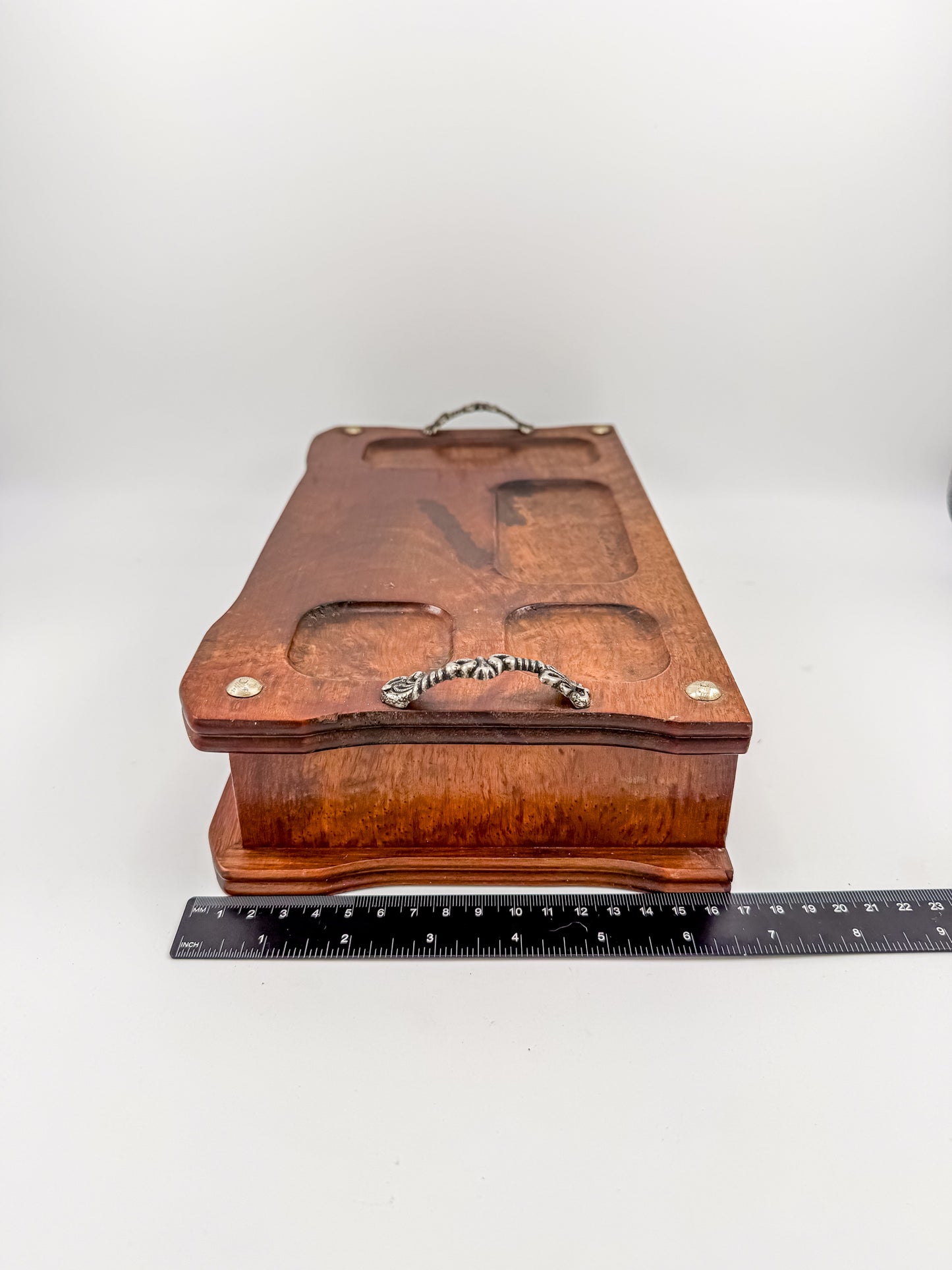 Vintage Wood Valet Box with Drawer and Ornate Handles, Dresser Organizer