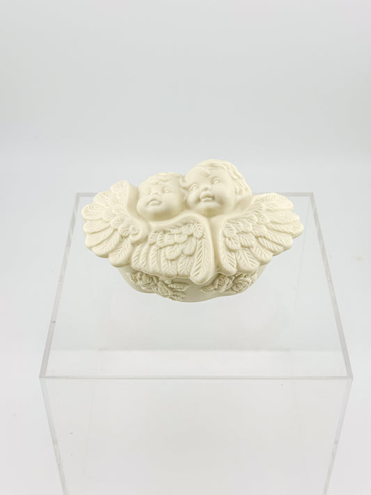 Vintage Porcelain Bisque Double Cherub Angel Trinket Box with Wings