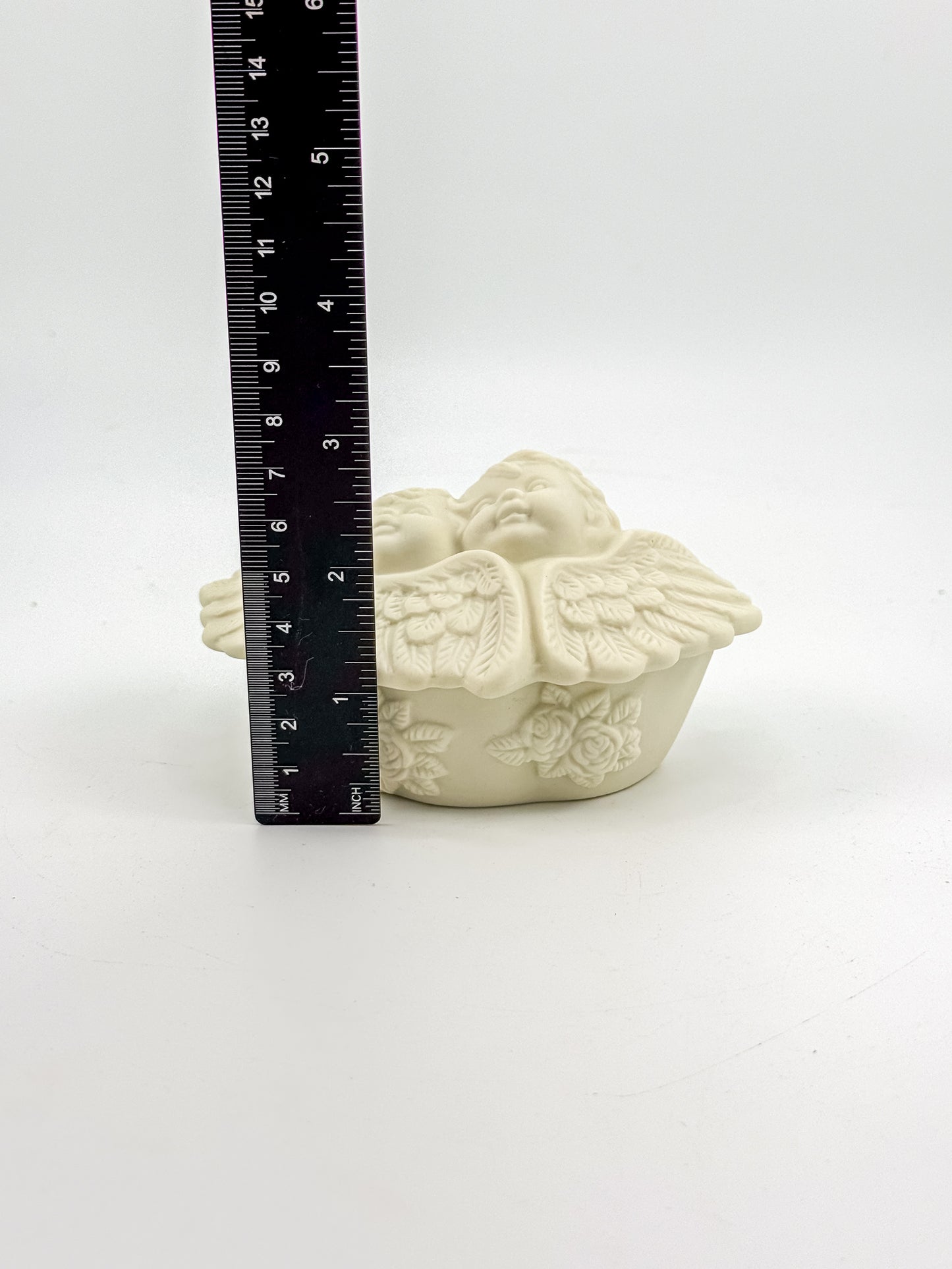 Vintage Porcelain Bisque Double Cherub Angel Trinket Box with Wings
