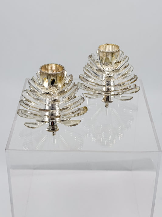 Silver-Plated Pine Cone Candle Holders, Set of Two, Vintage Holiday Decor