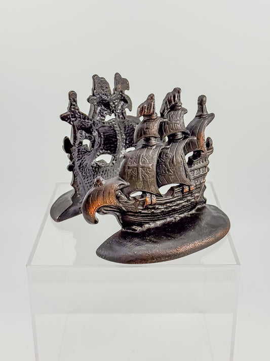 Vintage Cast Iron Galleon Ship Bookends with Bronze Patina, Nautical Decor, Pair