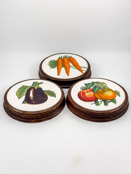 Vintage Ceramic Tile and Wood Trivet Set of 3 with Botanical Vegetable Motif, Farmhouse Kitchen Decor