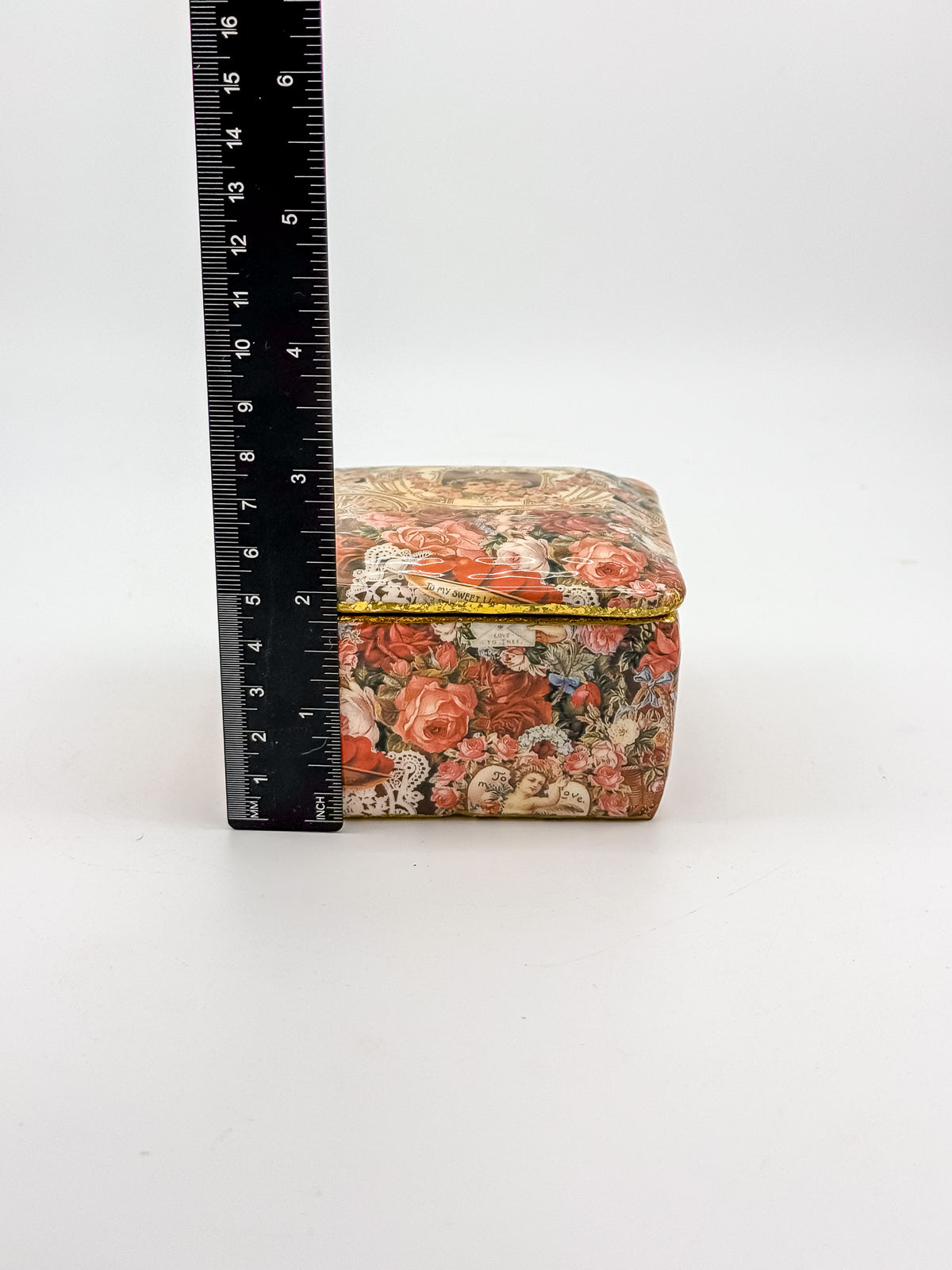 Vintage Victorian Decoupage Keepsake Box with Cherub and Rose Motif, Gold Glitter Trim, Fabric-Lined