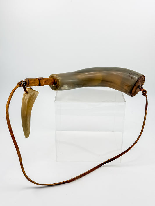 Vintage Powder Horn with Leather Thong and Priming Horn, Frontier Americana Display Piece