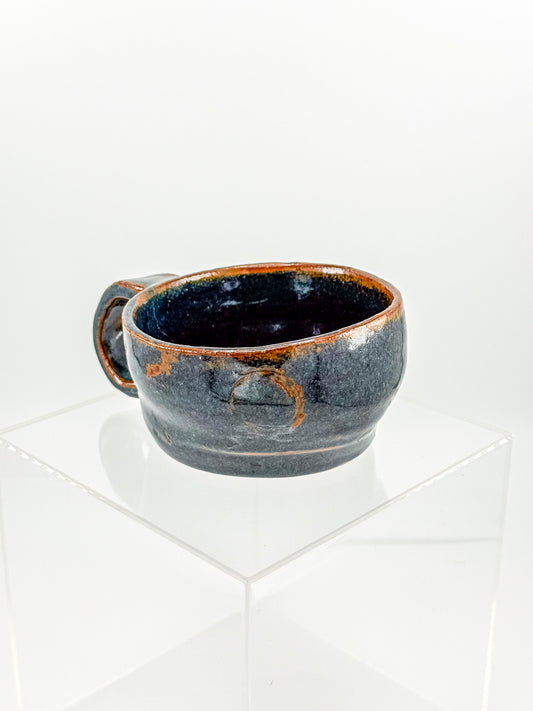Abstract Blue Studio Pottery Mug with Rust-Orange Glaze Accents