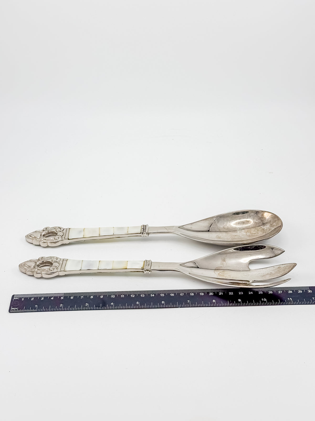 Vintage-Style Salad Serving Spoon and Fork - Possible Silver Plate - Mother-of-Pearl Handles