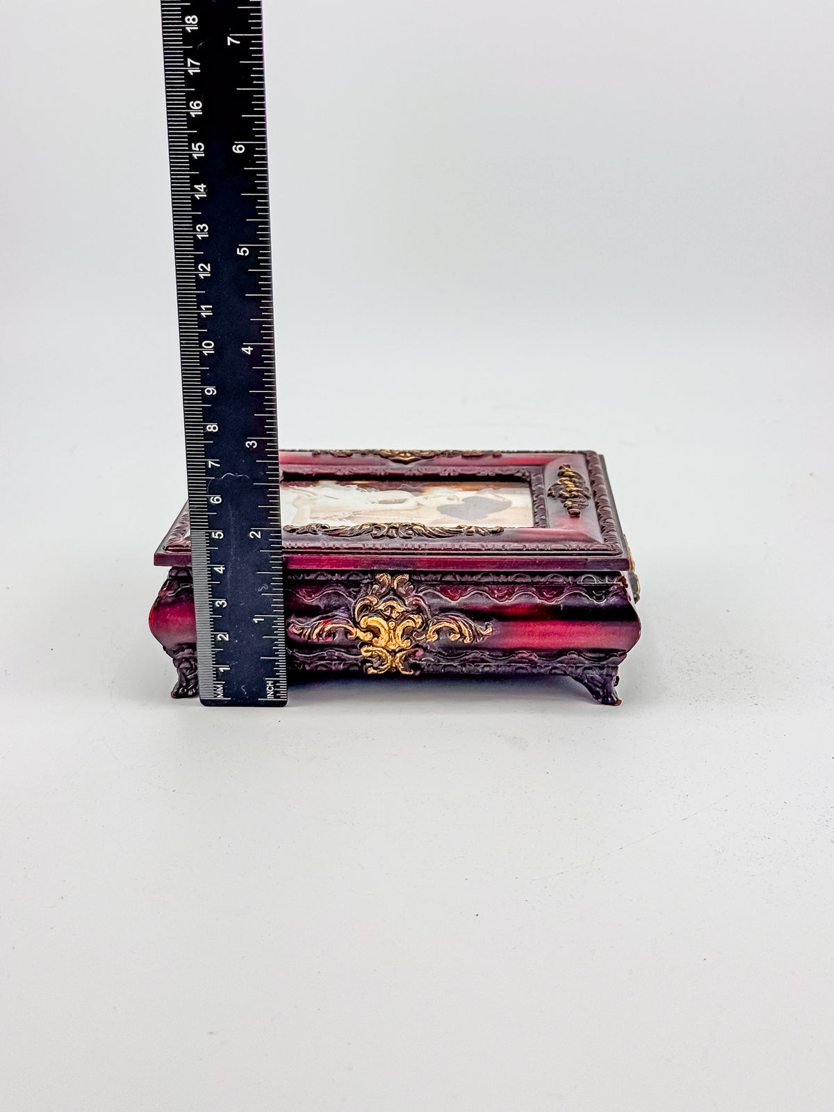 Vintage Ornate Florentine Style Jewelry Box with Built-In Photo Frame Lid, Burgundy Finish and Gold Filigree