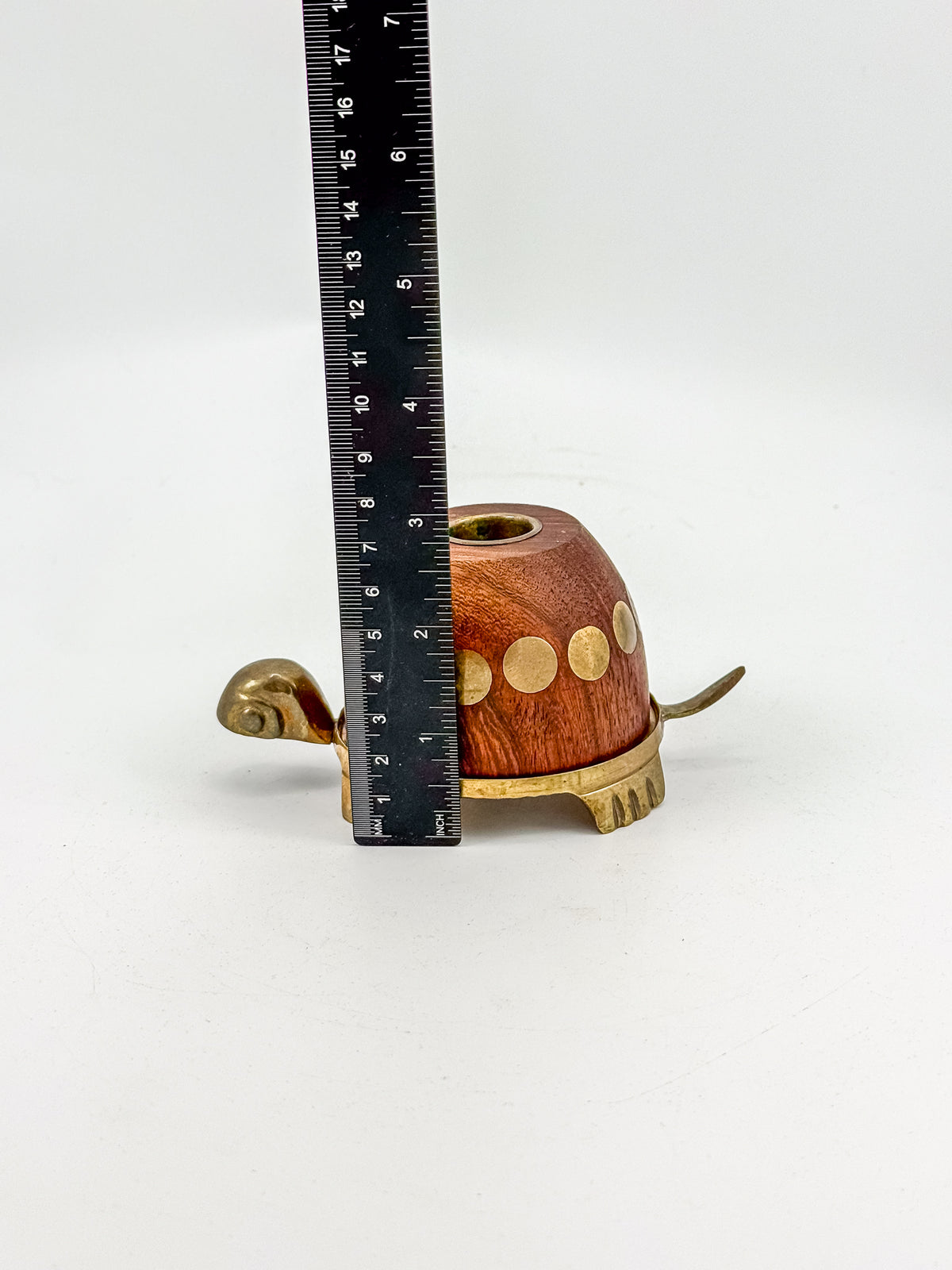 Vintage Turtle Candle Holder with Wooden Shell and Brass Accents
