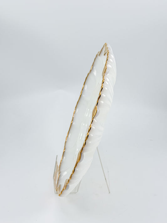 Vintage Fire-King by Anchor Hocking Milk Glass Deviled Egg Platter with Gold Trim and Scalloped Rim