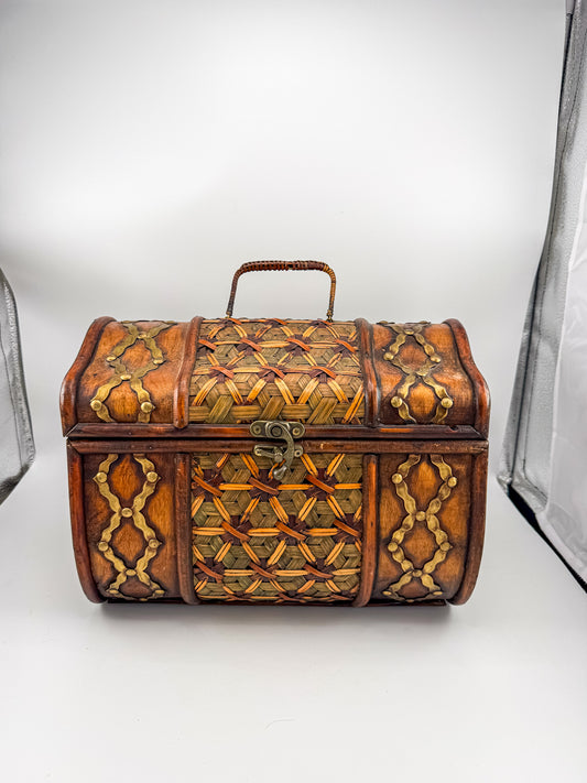 Rustic Wooden Treasure Chest with Woven Panels, Domed Lid and Decorative Metal Accents