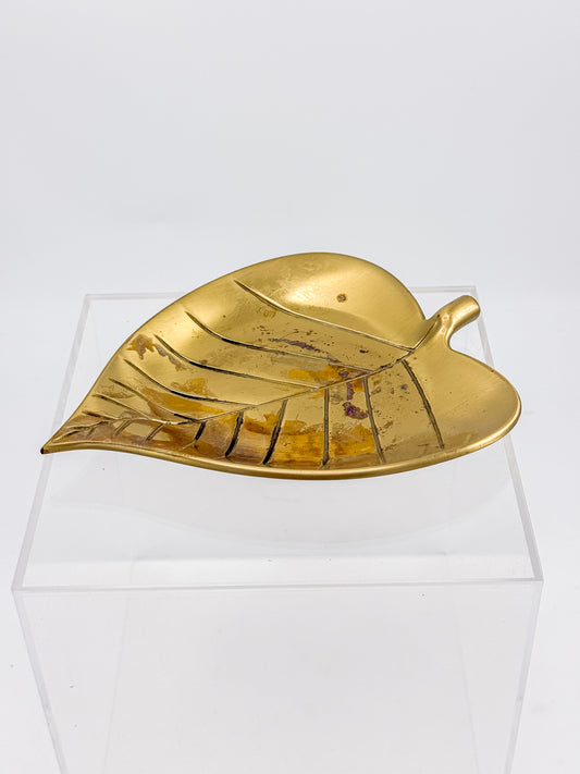 Vintage Brass Leaf Trinket Dish with Vein Detail for Jewelry or keys and Botanical Decor