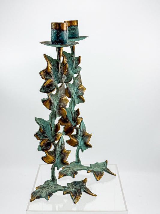 Vintage Metal Ivy Leaf Taper Candle Holders with Green Patina and Gold-Tone Accents, Sold as a Pair
