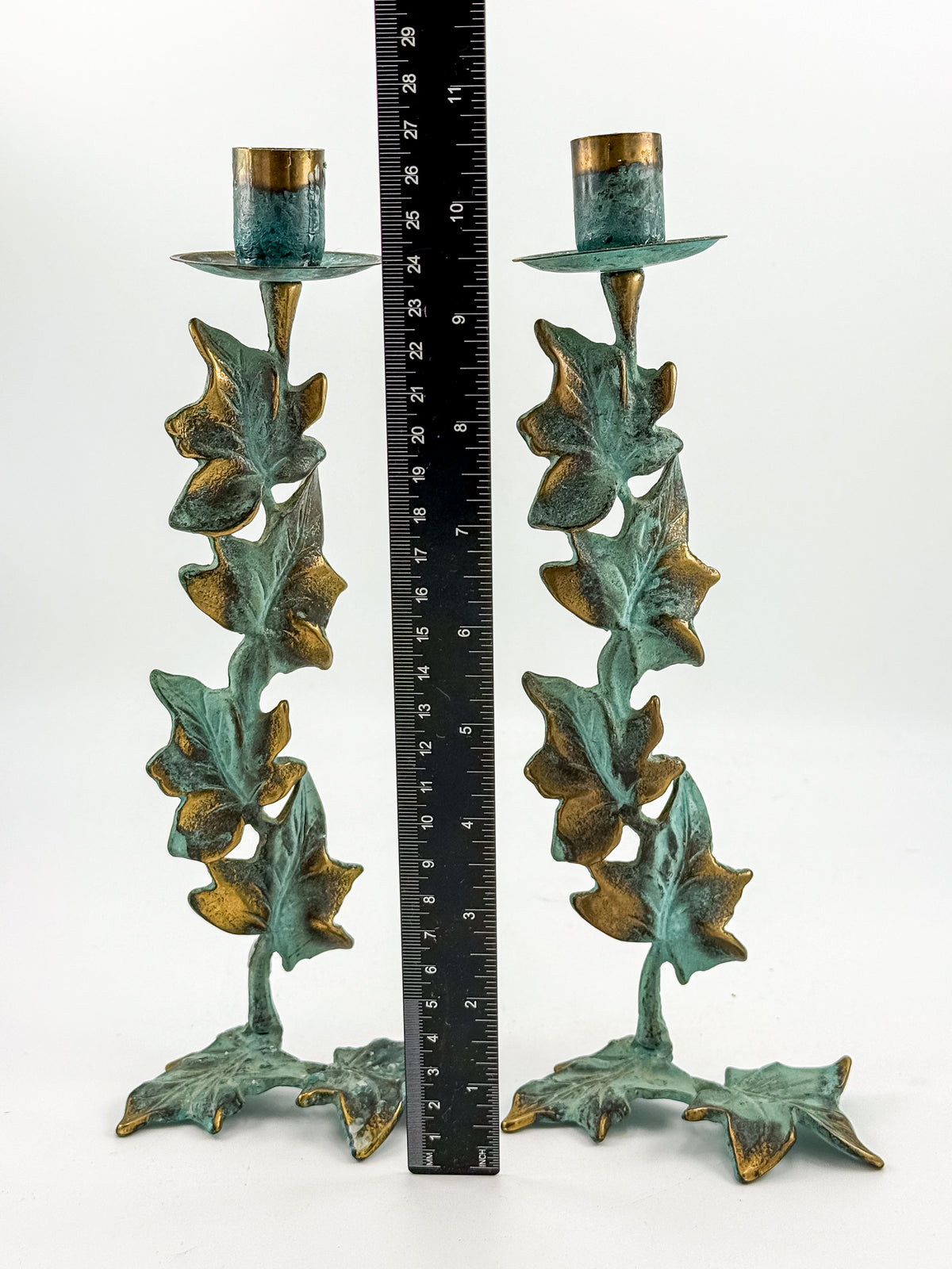 Vintage Metal Ivy Leaf Taper Candle Holders with Green Patina and Gold-Tone Accents, Sold as a Pair