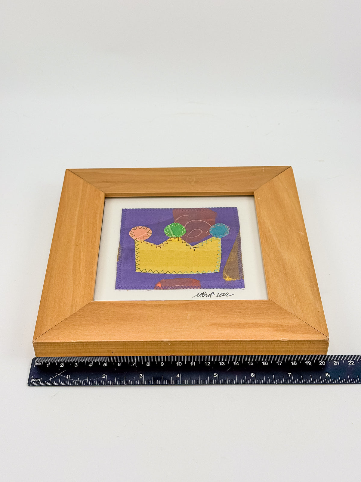 Signed Framed Textile Art with Colorful Fabric Appliqué, Folk Art Quilt Square in a Wood Frame