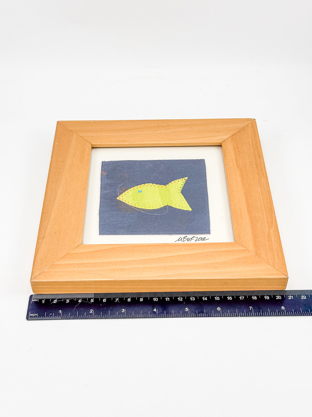 Signed Framed Fish Textile Art with Yellow Fabric Appliqué, Folk Art Quilt Square for Coastal Decor