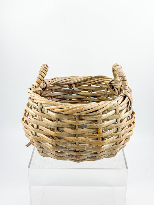 Small Rustic Woven Basket with Two Wrapped Handles and Weathered Finish for Cottagecore Decor