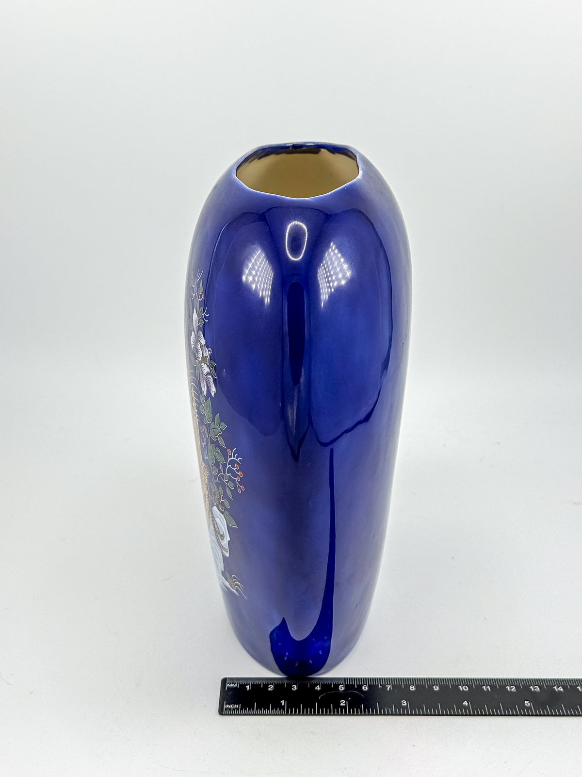 Cobalt Blue Ceramic Vase with Colorful Pheasant Birds and Flowers, Flattened Oval Chinoiserie-Inspired Decor