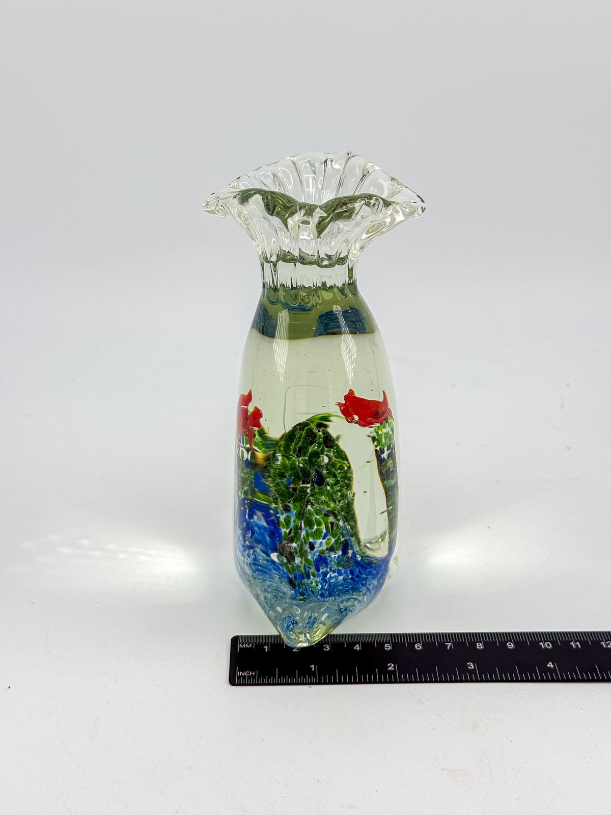 Murano-Style Art Glass Aquarium Paperweight with Red Fish, Blue and Green Seaweed, and Ruffled Top
