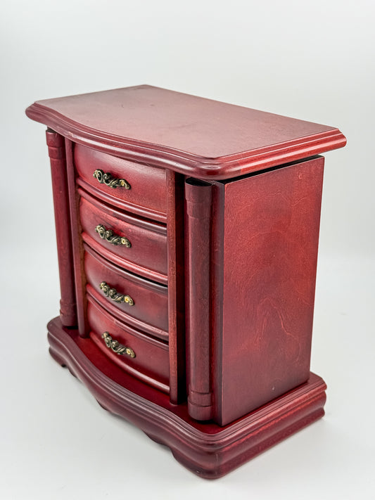 Vintage Wooden Jewelry Chest with Three Drawers, Necklace Doors and Mirrored Lid, Traditional Vanity Organizer