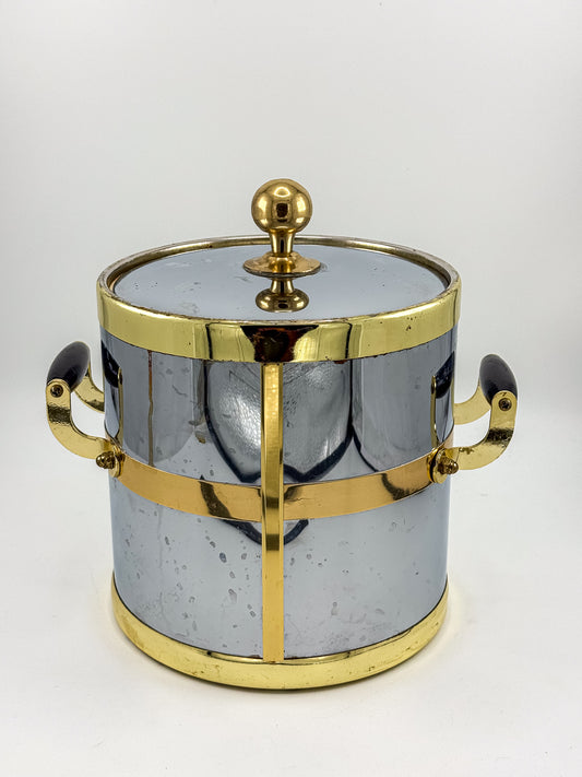 Silver-Tone and Gold-Tone Ice Bucket with Lid and Black Side Handles, Hollywood Regency-Style Bar Cart Decor