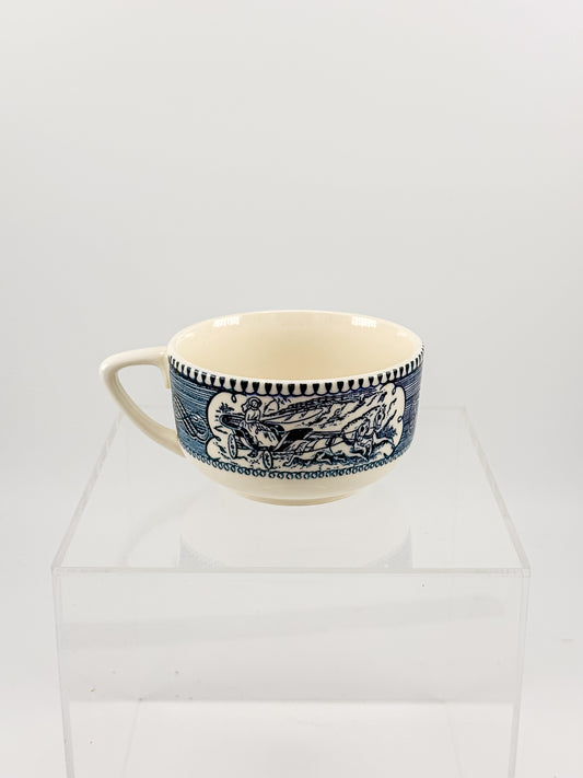 Currier and Ives Blue and Cream Ceramic Teacup or Coffee Cup with Horse-Drawn Carriage Scene, Sold Individually