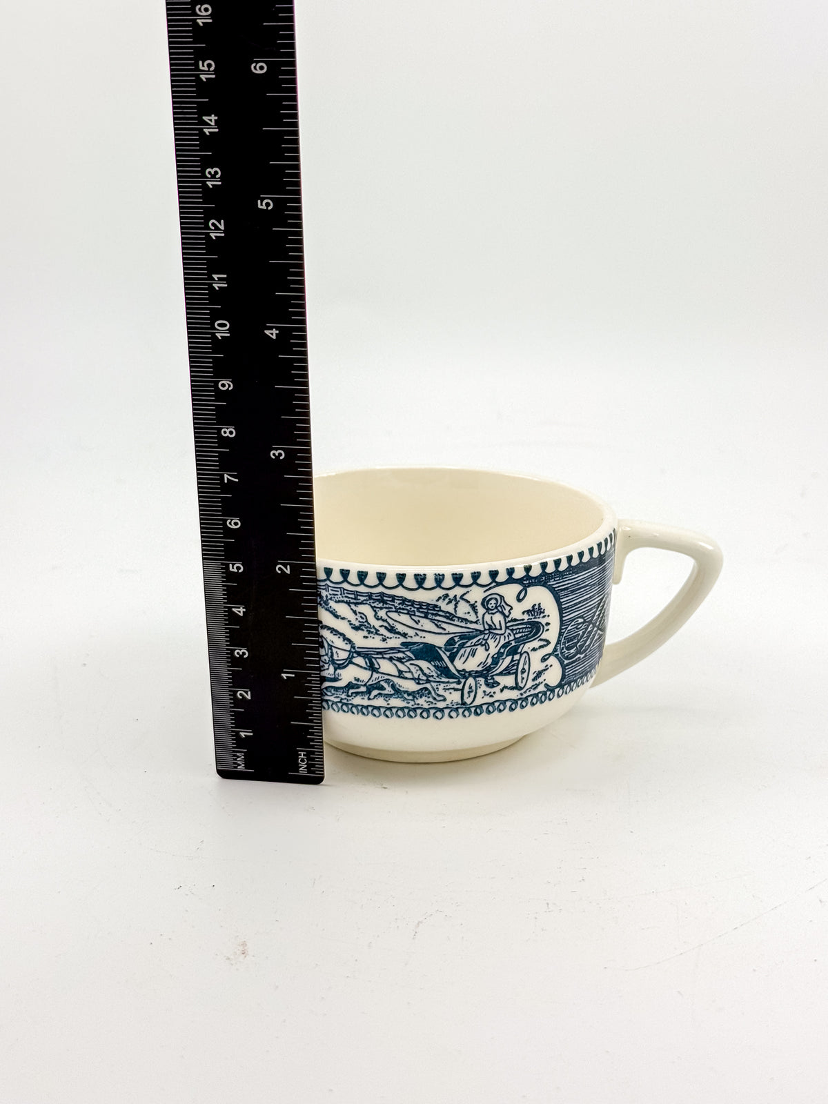 Currier and Ives Blue and Cream Ceramic Teacup or Coffee Cup with Horse-Drawn Carriage Scene, Sold Individually