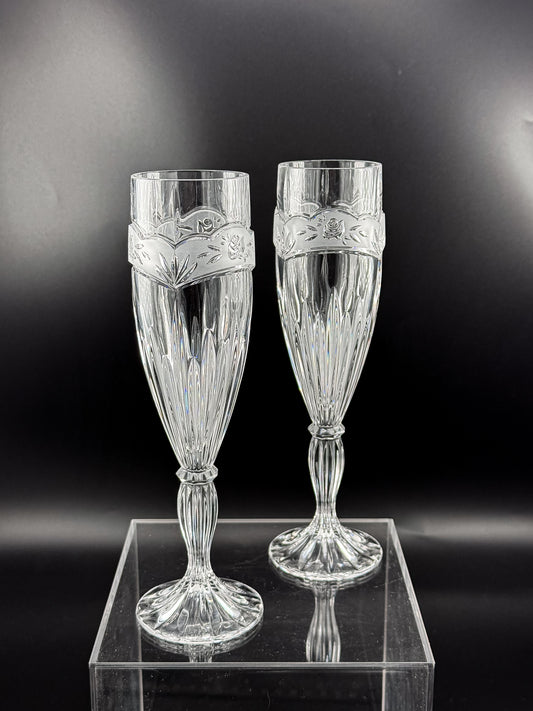 Vintage Oneida Southern Garden Crystal Champagne Flutes with Frosted Floral Bands, 8 Inches, Sold as a Pair