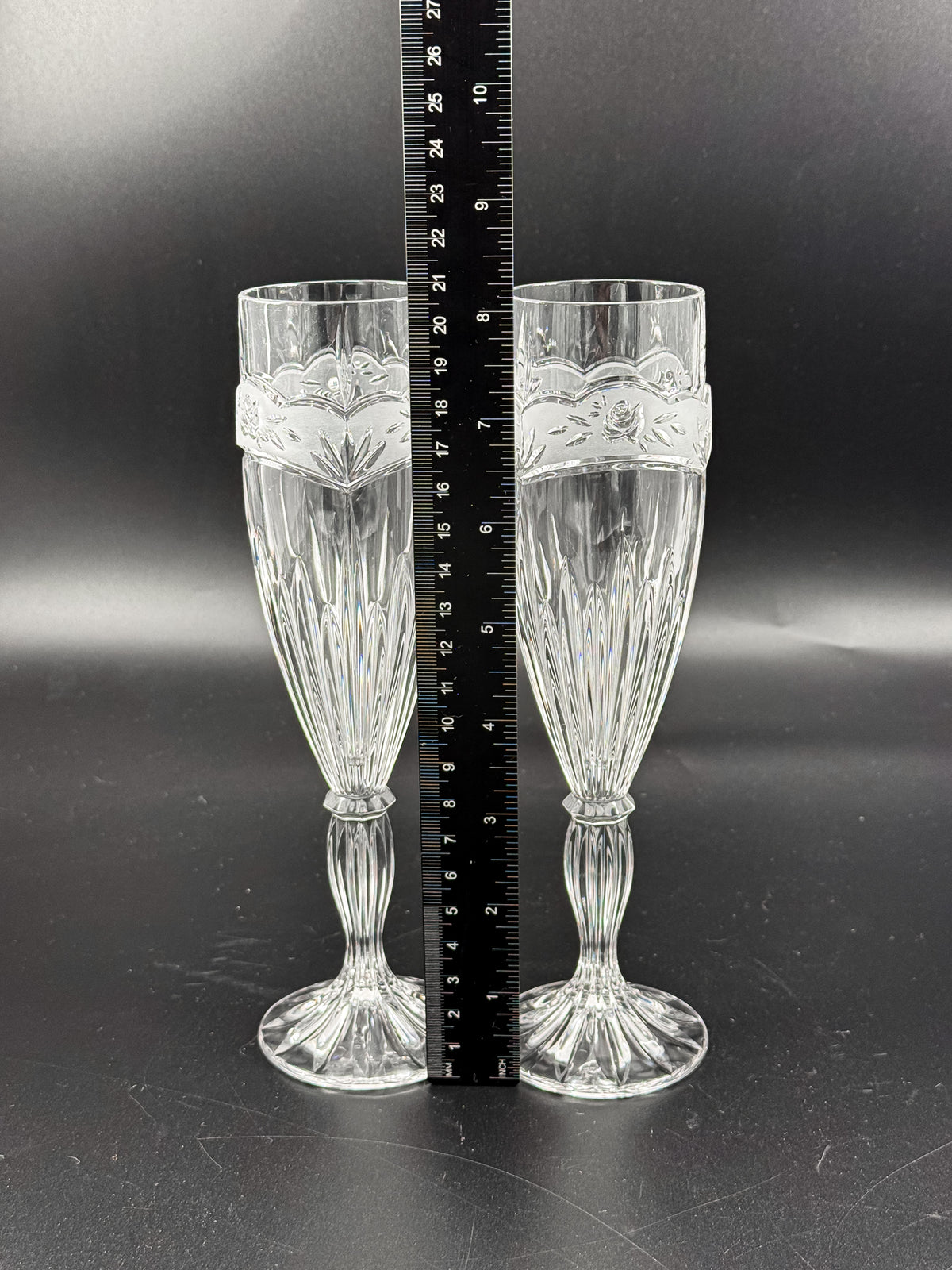 Vintage Oneida Southern Garden Crystal Champagne Flutes with Frosted Floral Bands, 8 Inches, Sold as a Pair