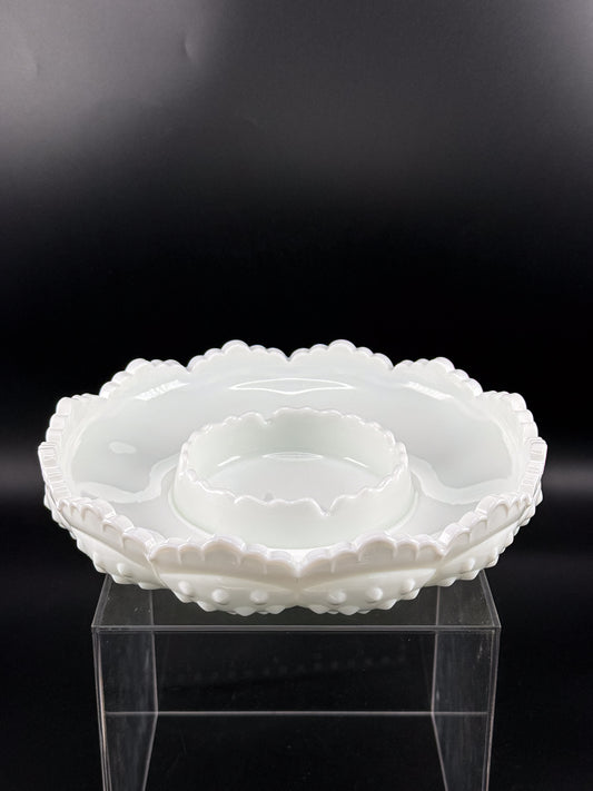 Vintage Fenton Hobnail Milk Glass Ashtray, Chip and Dip Dish or Catchall with Scalloped Rim