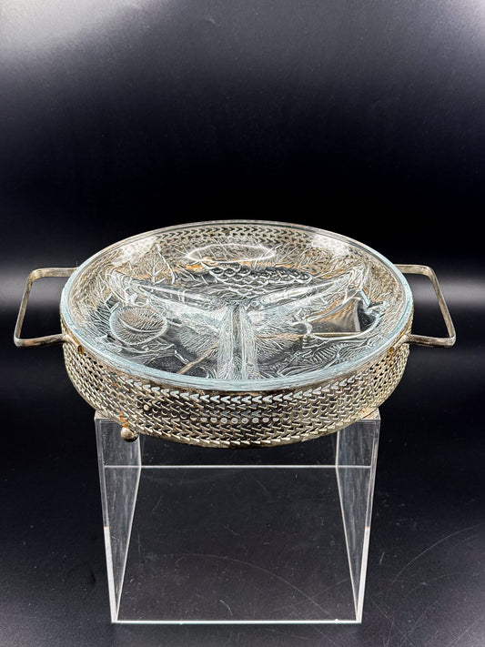 Three-Compartment Glass Relish Dish with Removable Insert and Possibly Silver-Plated Footed Holder with Handles