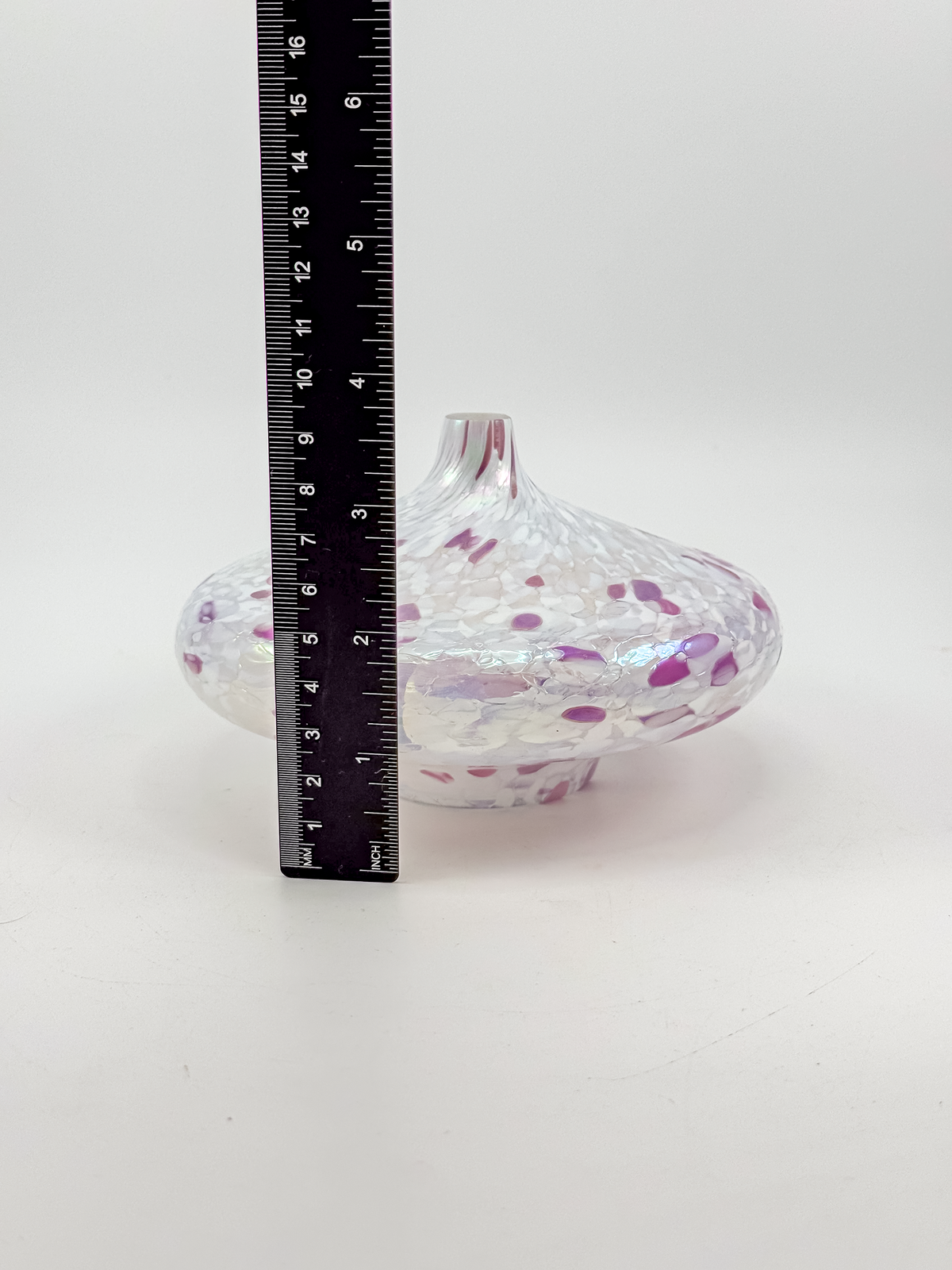 1995 Roger Vines MSH Art Glass Oil Lamp in Iridescent Pink and White with Mount St. Helens Ash, Signed