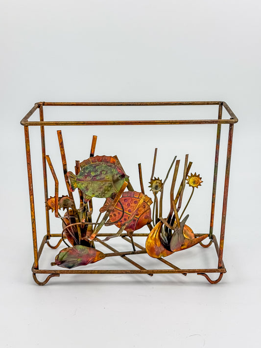 Vintage Brutalist Mixed Metal Fish Waterless Aquarium Sculpture