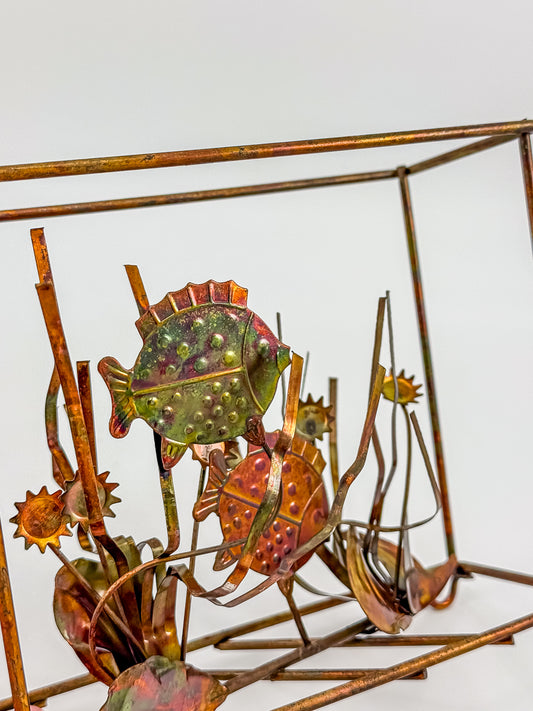 Vintage Brutalist Mixed Metal Fish Waterless Aquarium Sculpture