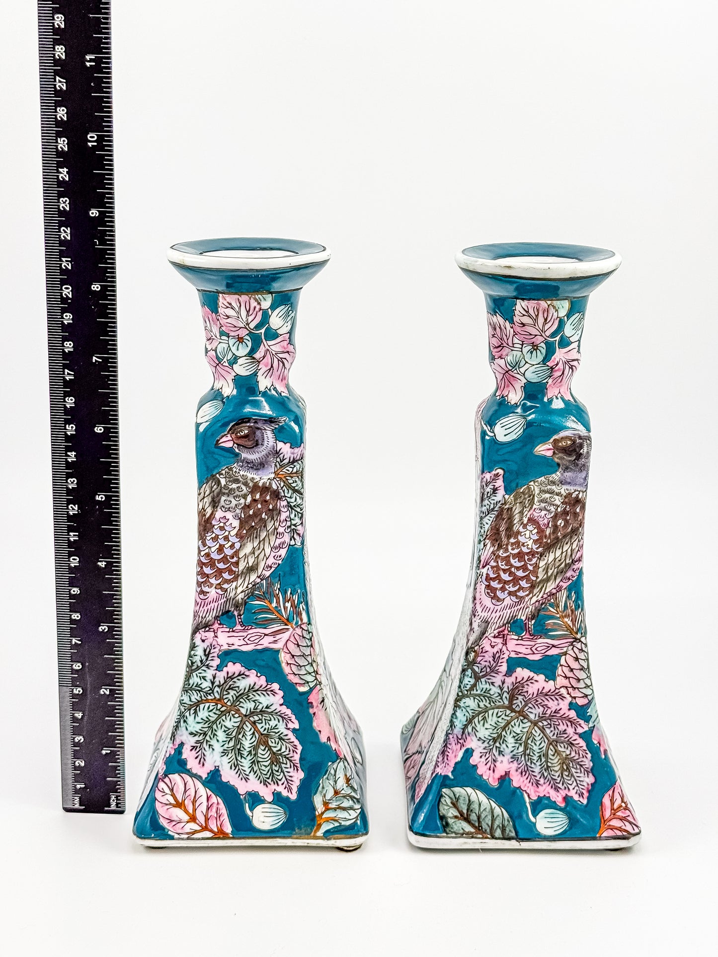 Vintage Chinoiserie Peacock Candlestick Holders (Pair)
