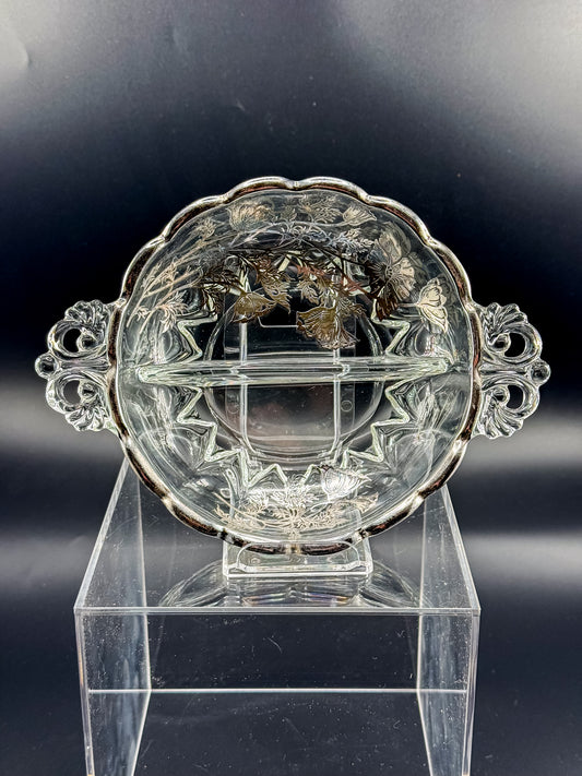 Vintage Silver City Blossom Silver Overlay Glass Relish Dish, Divided Candy Dish with Handles, Floral Decor
