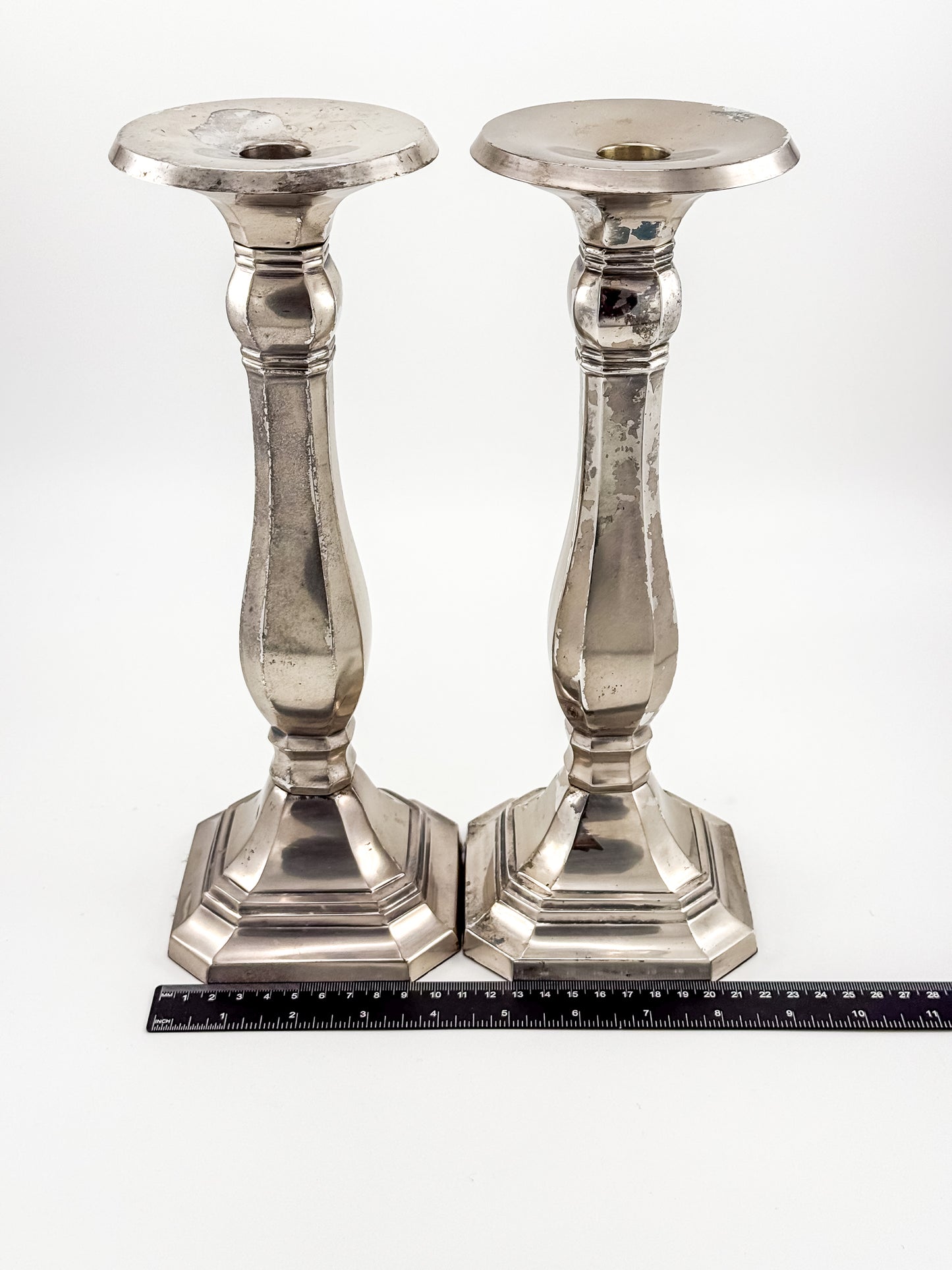 Pottery Barn Discontinued Large Silverplate Candlestick Holders, Octagonal Baluster Taper Candle Holders, Pair