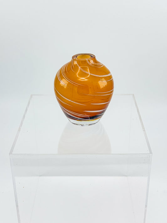 Vintage Honey Swirl Art Glass Small Hand Blown Bud Vase, White Threaded Swirl on Honey Globe Vase