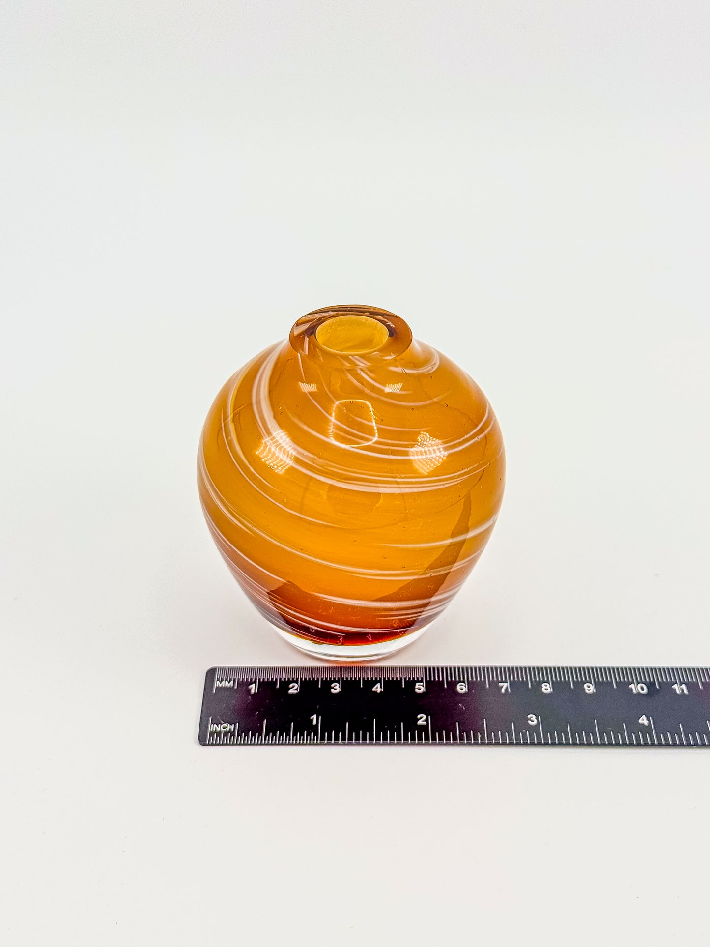Vintage Honey Swirl Art Glass Small Hand Blown Bud Vase, White Threaded Swirl on Honey Globe Vase