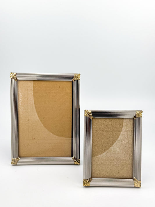 Vintage Art Deco Pewter Tone Picture Frames with Gold Tone Corner Mounts, Reeded Column Detail, Matched Pair of Two Sizes
