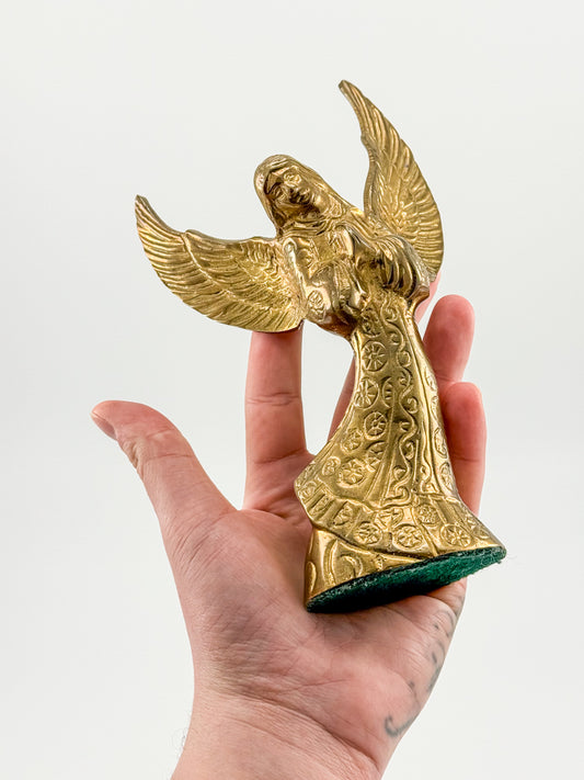 Vintage Brass Angel Candle Holder with Ornate Embossed Detail