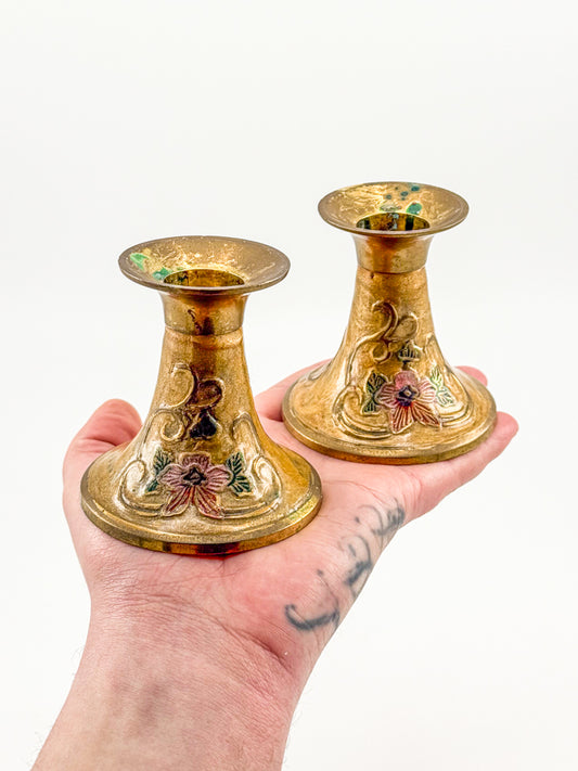 Vintage Penco Industries Brass Cloisonne Enamel Candle Holders