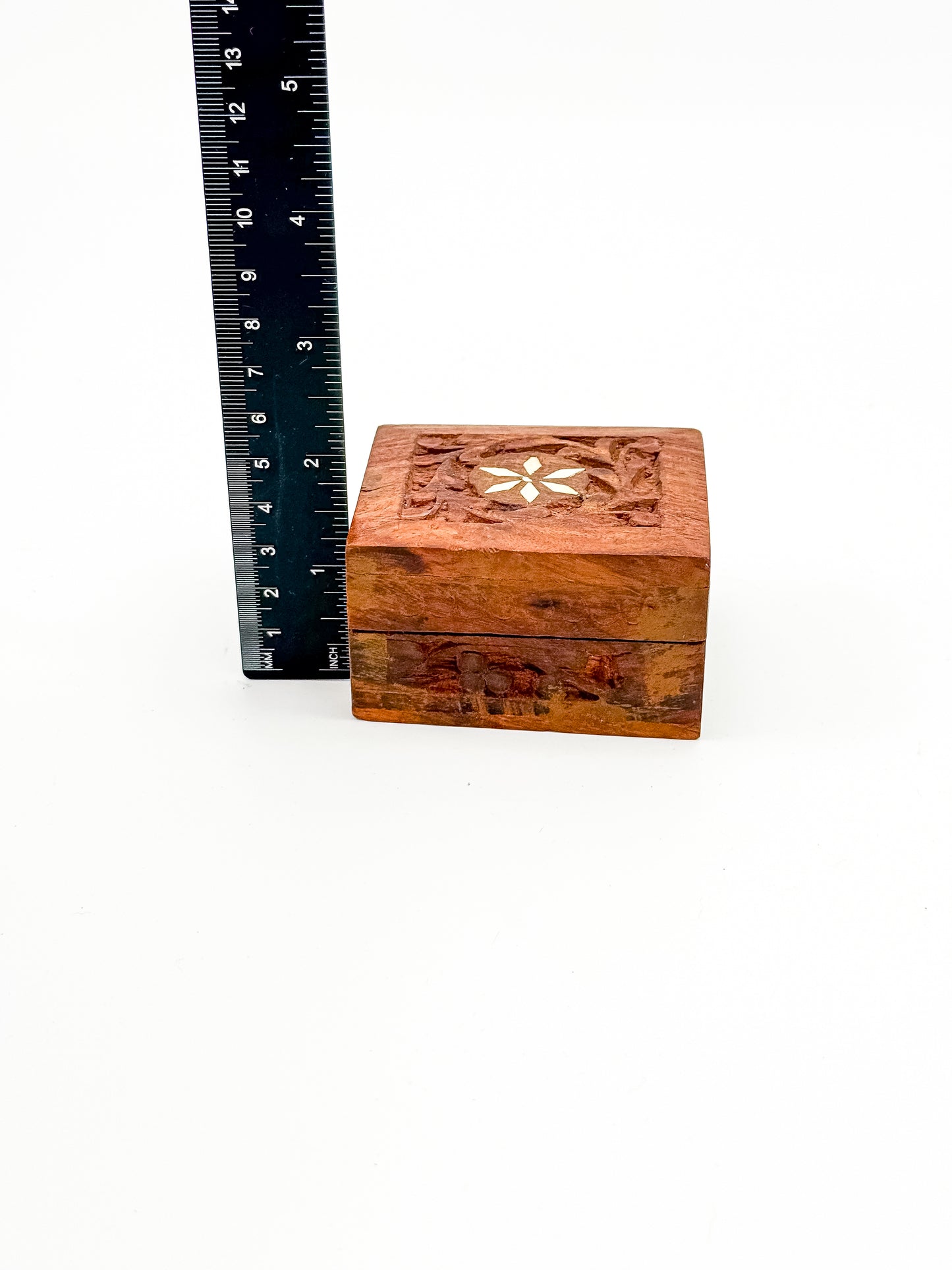 Vintage Carved Wood Trinket Box — Floral Relief & Inlay Lid, Blue Velvet Interior