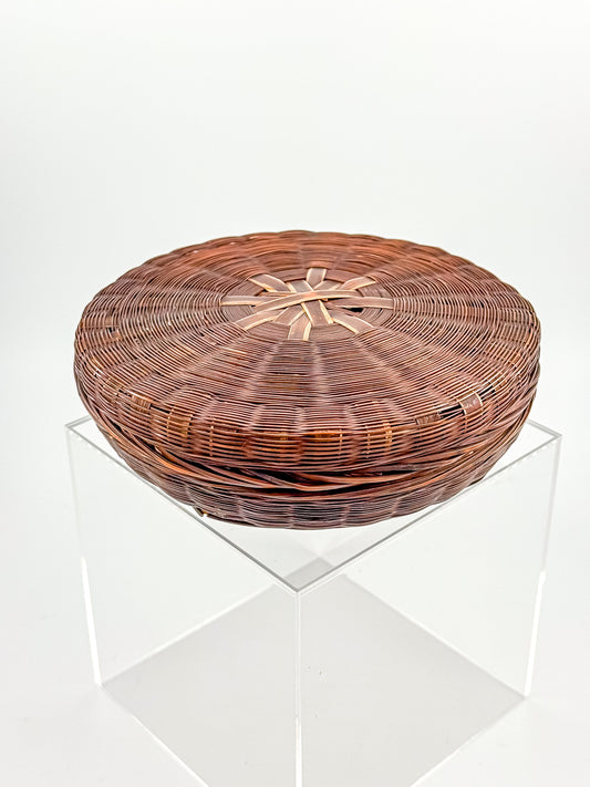 Vintage Chinese Wicker Sewing Basket — Round Lidded, Starburst Weave