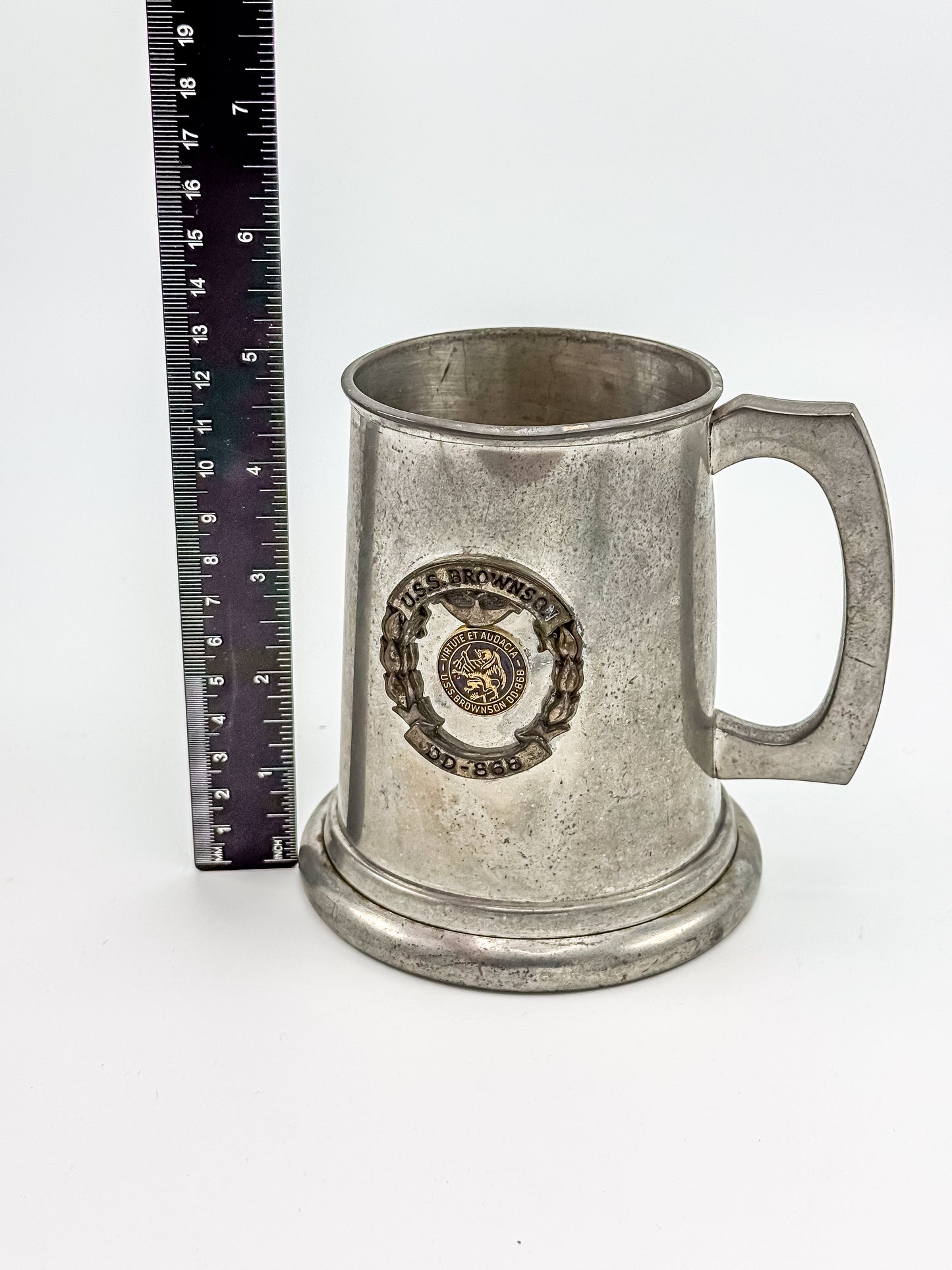 Vintage English Pewter USS Brownson DD-868 Naval Commemorative Tankard — Sheffield, Clear Bottom
