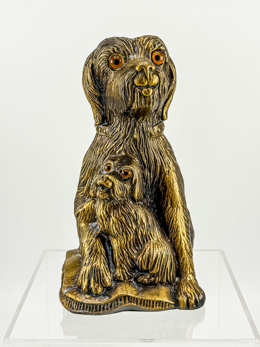 Vintage Bronze-Tone Dog & Pup Figurine with Orange Eyes — Hollow Base