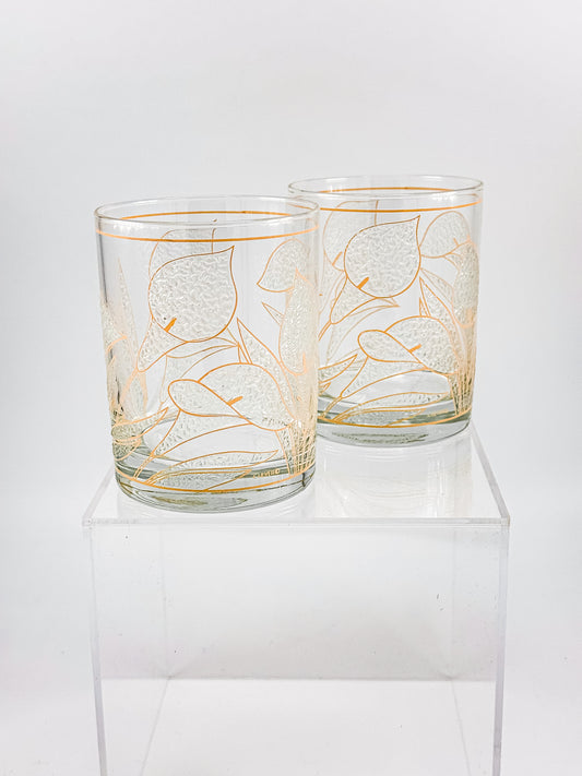 Culver "Ice Flower" Calla Lily 22k Gold Rocks Glasses — Set of 2