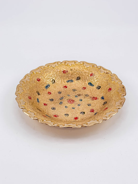 Floral Enameled Brass Plate with Scalloped Edge