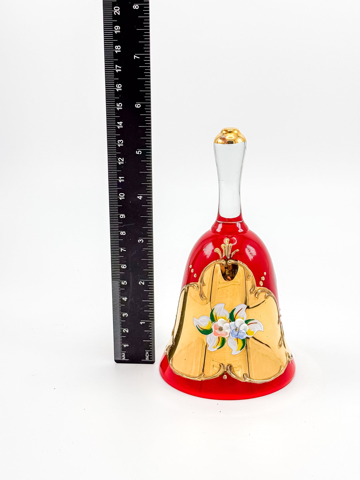 Murano Glass Bell – Ruby Red with 24K Gold & Hand-Painted Enamel Floral